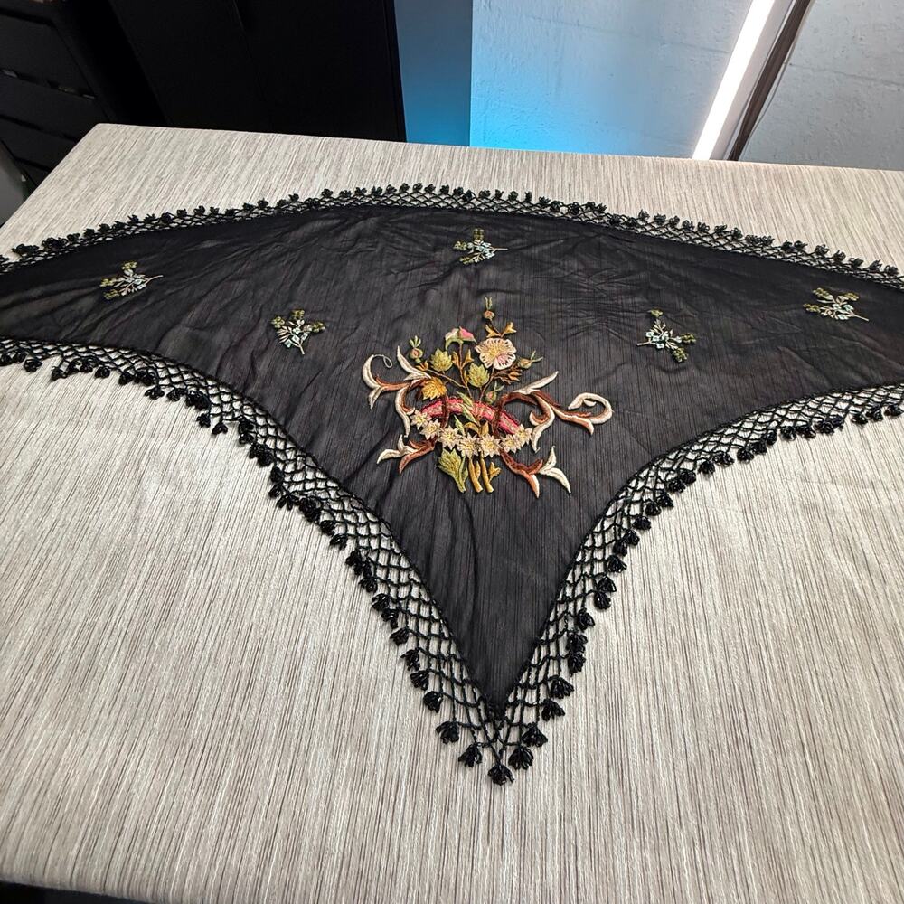 Vintage ATG Embroidered Beaded Fringe Scarf Wrap Shawl Whimsigoth Gypsy Boho‎ - Picture 8 of 16